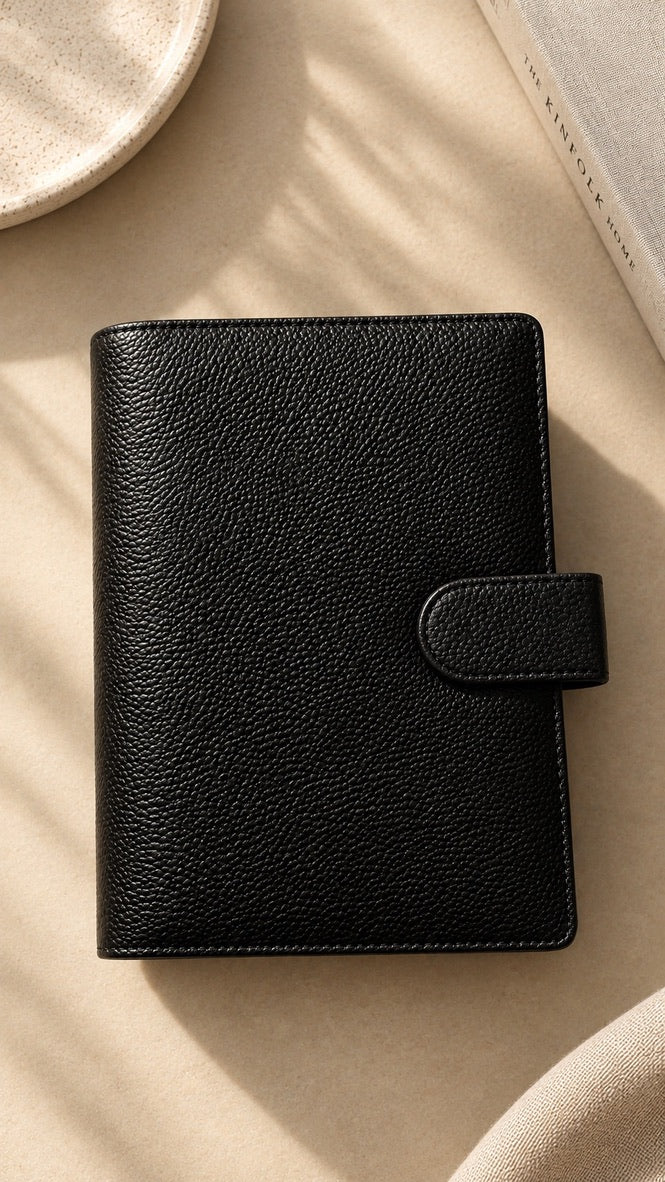 Agenda esencial de anillos | cuero vegano | A5 | NEGRO